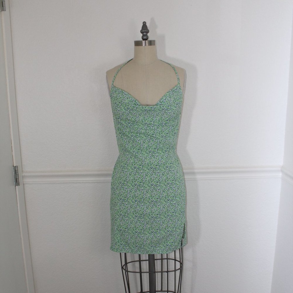 SHEIN GREEN & BLUE ABSTRACT PRINT COWL MINI DRESS WITH TIE BACK & SLIT SIZE S